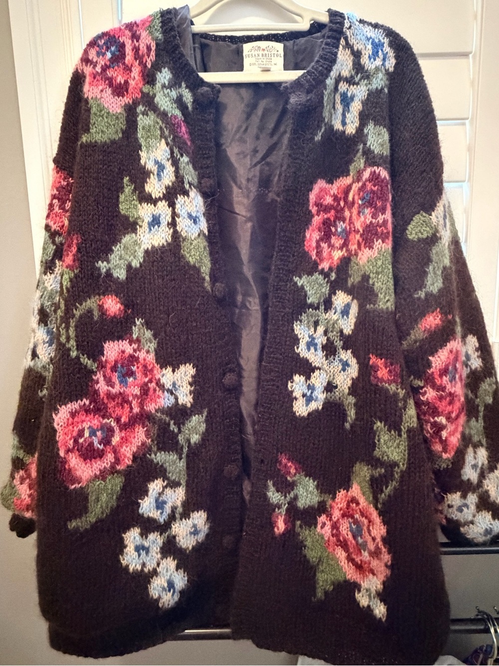 Vintage Susan Bristol Brown Floral Knit Cardigan with Pink & Green Accents